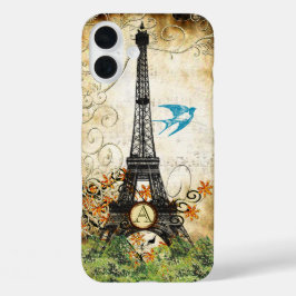 Monogram Vintag Bird Eiffel Tower iPhone 16 Plus Hülle