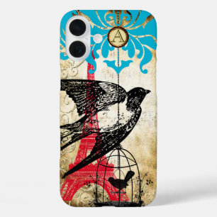 Monogram Vintag Bird Eiffiel Tower Steampunk iPhone 16 Plus Hülle