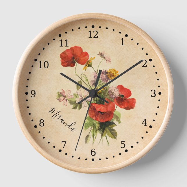 Monogram Vintag Bouquet Red Poppies Wilde Blume Uhr (Vorderseite)
