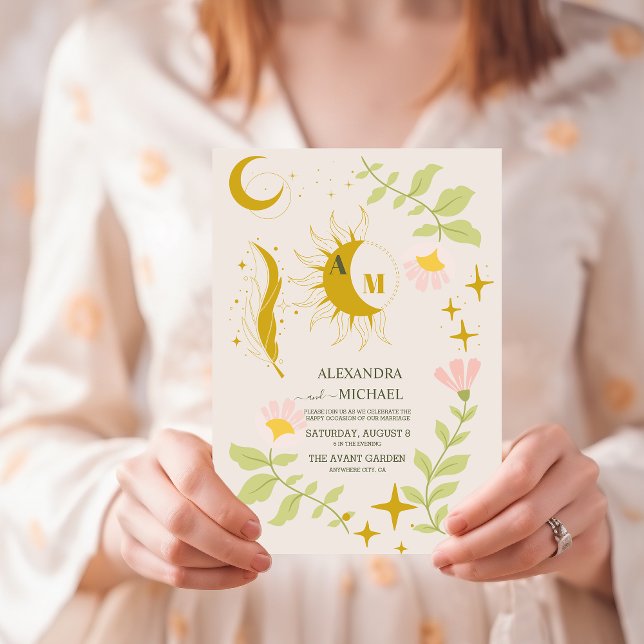 Monogram Vintag Celestial Botanical Wedding Einladung (Von Creator hochgeladen)