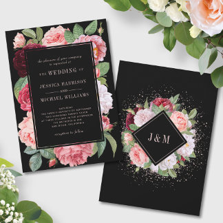 Monogram Vintag Elegant Floral Rose Black Wedding Einladung