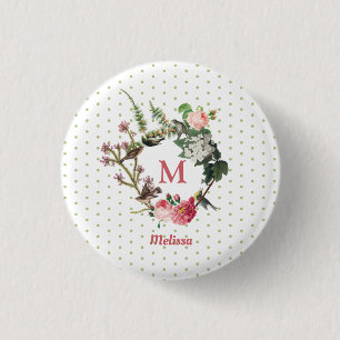 Monogram Vintag Floral & Bird Wreath Polka Dots Button