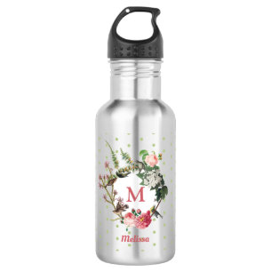 Monogram Vintag Floral & Bird Wreath Polka Dots Edelstahlflasche