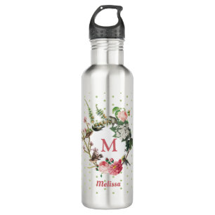 Monogram Vintag Floral & Bird Wreath Polka Dots Edelstahlflasche