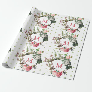Monogram Vintag Floral & Bird Wreath Polka Dots Geschenkpapier