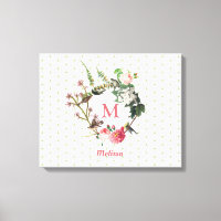 Monogram Vintag Floral & Bird Wreath Polka Dots