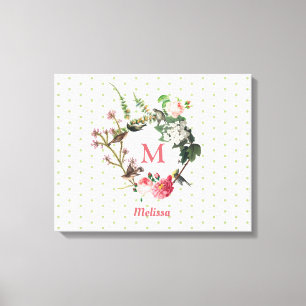 Monogram Vintag Floral & Bird Wreath Polka Dots Leinwanddruck