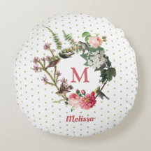 Monogram Vintag Floral & Bird Wreath Polka Dots