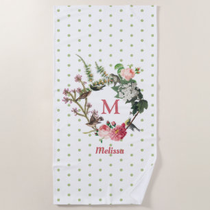 Monogram Vintag Floral & Bird Wreath Polka Dots Strandtuch