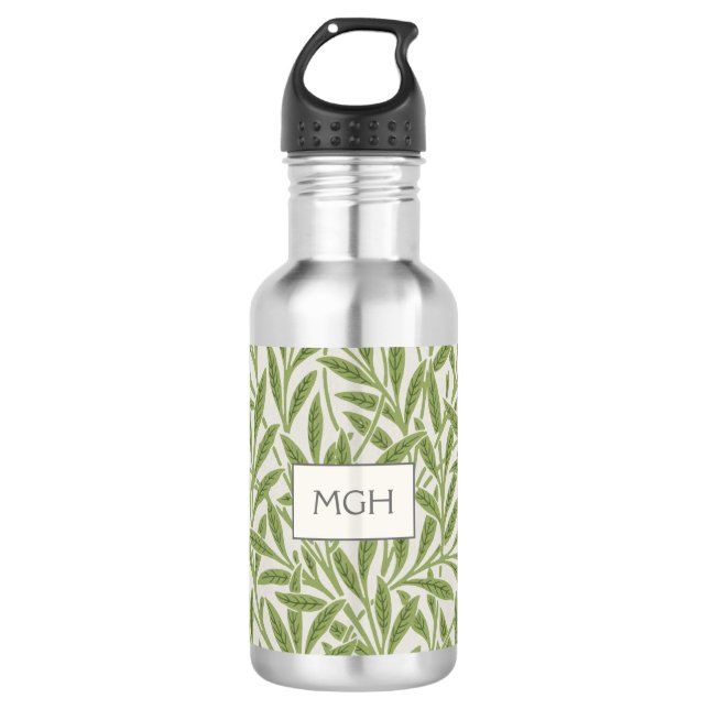 Monogram Vintag Green Willow Blätter Edelstahlflasche (Vorderseite)