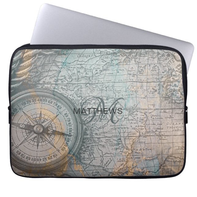 Monogram Vintag Map Compass Laptopschutzhülle (Vorderseite)