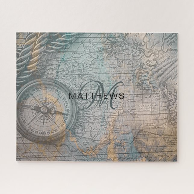 Monogram Vintag Map Compass Puzzle (Horizontal)