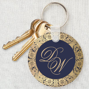 Monogram Vintag Navy Blue Gold Rose Calligraphy Schlüsselanhänger