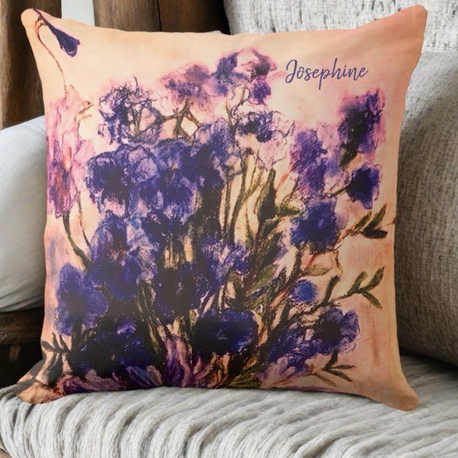 Monogram Vintag Retro-Wildblume blauer Blumenname Kissen (Von Creator hochgeladen)