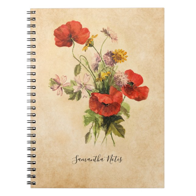 Monogram Vintag Rustic Bouquet Red Poppies Beige Notizblock (Vorderseite)