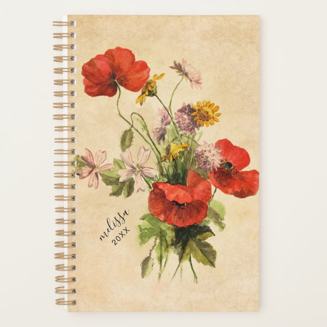 Monogram Vintag Rustic Bouquet Red Poppies Beige Planer (Vorderseite)