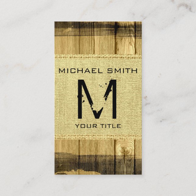Monogram Vintag Rustic Burlap Wood Look Visitenkarte (Vorderseite)