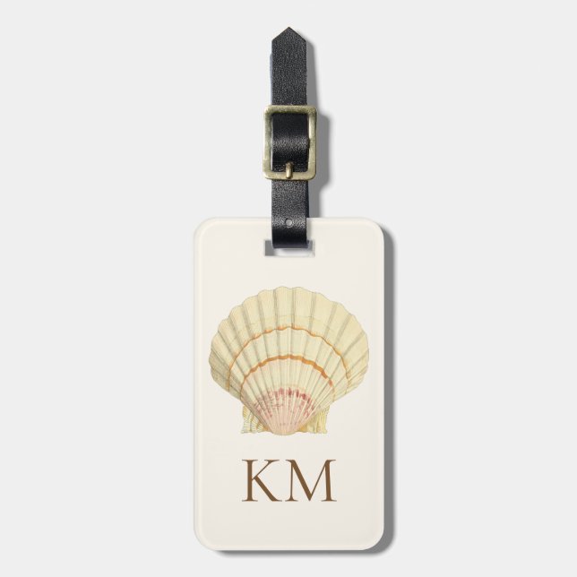 Monogram Vintag Seashell auf Creme und Braun Gepäckanhänger (Vorderseite vertikal)