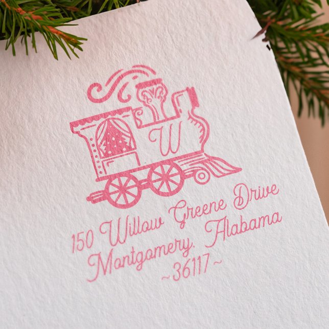 Monogram Vintag Train Christmas Tree Delivery Gummistempel (Monogram Vintage Train Christmas Tree Delivery Rubber Stamp)