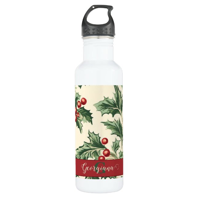 Monogram Vintage Christmas Holly & Berries Muster Edelstahlflasche (Vorderseite)