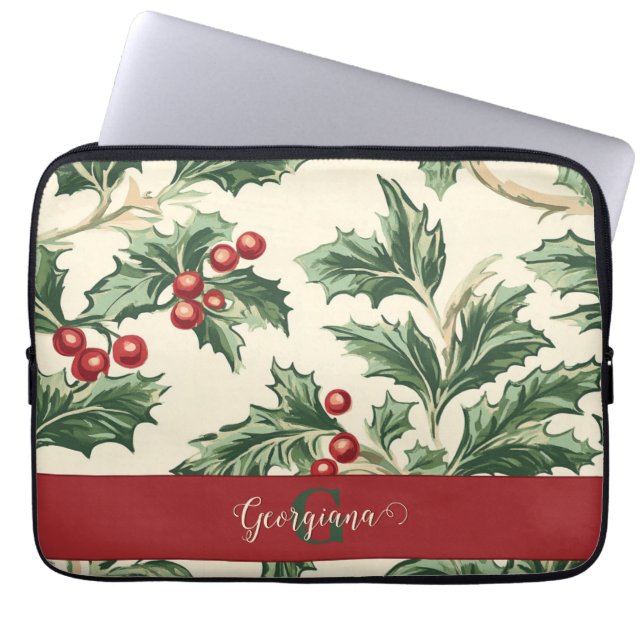 Monogram Vintage Christmas Holly & Berries Muster Laptopschutzhülle (Vorderseite)