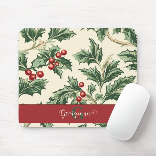 Monogram Vintage Christmas Holly & Berries Muster Mousepad (Mit Mouse)