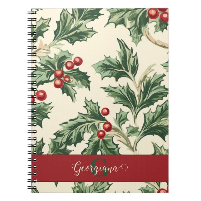 Monogram Vintage Christmas Holly & Berries Muster Notizblock (Vorderseite)