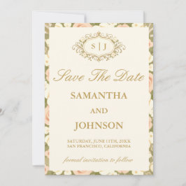 Monogram Vintage Ivory Wedding Save the Date Card