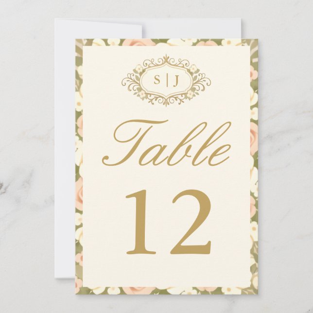 Monogram Vintage Ivory Wedding Table Number Einladung (Vorderseite)