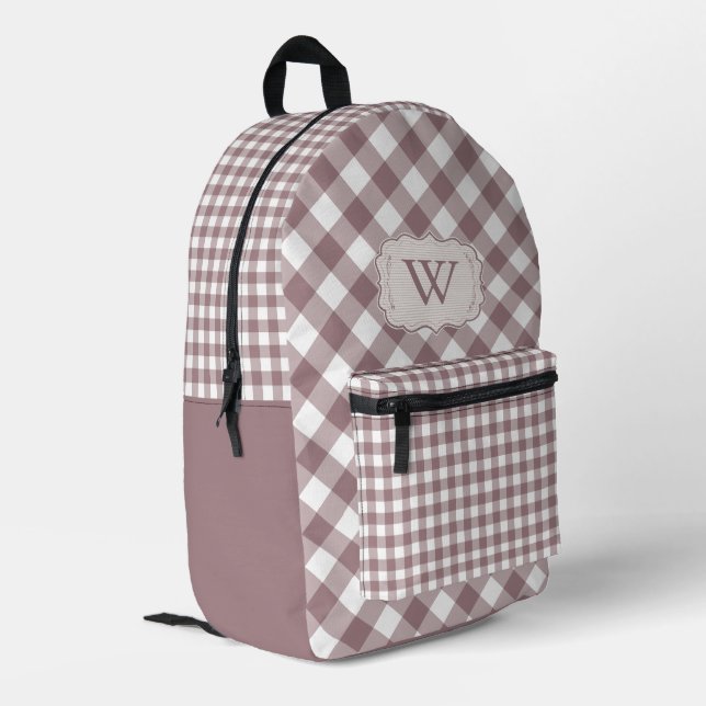Monogram Vintage Rose Gingham Bauernstil Bedruckter Rucksack (Rückseitige Ecke links)