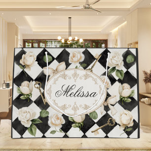 Monogram Vintage-Rosen-Blumen-Schwarz-Weiß-Diamant Große Geschenktüte
