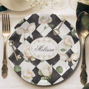Monogram Vintage-Rosen-Blumen Schwarz-Weiß-Diamant Pappteller