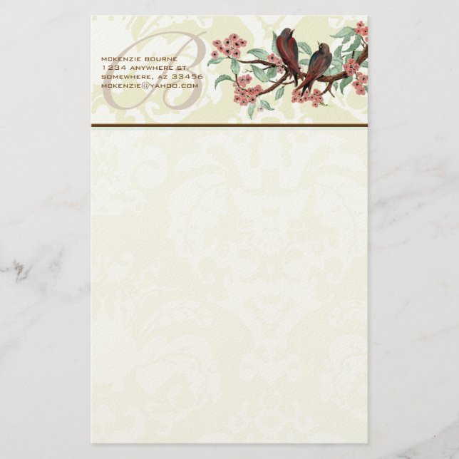 Monogram Vintage Vögel blühende Branchenstation Briefpapier (Vorderseite)
