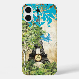Monogram Vintage-Vogel Effiel-Turm Damast iPhone 16 Plus Hülle