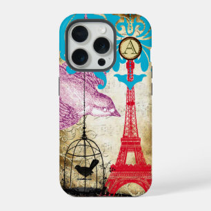 Monogram Vintage-Vogel Effiel-Turm Damast iPhone 15 Pro Hülle