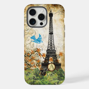 Monogram Vintage-Vogel Eiffelturm iPhone 15 Pro Max Hülle