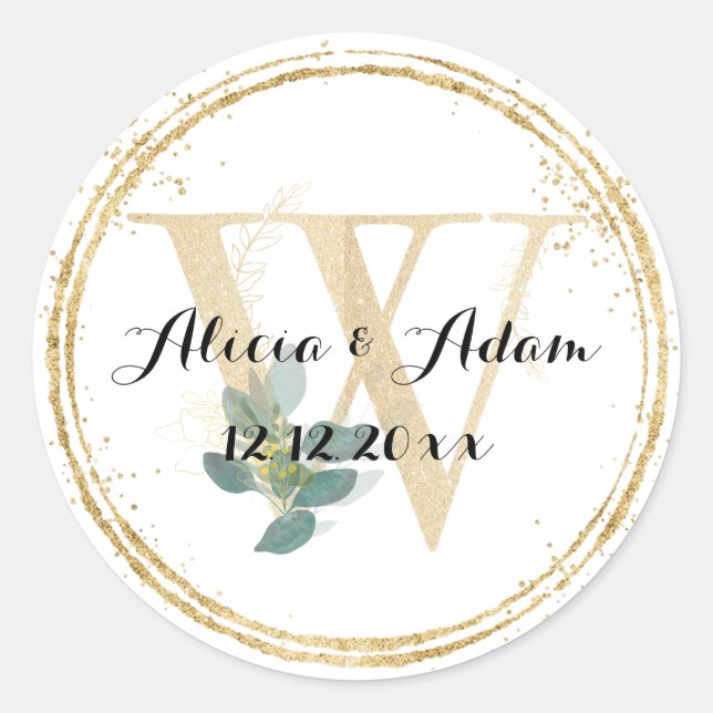 Monogram W Gold Border Wedding Runder Aufkleber (Vorderseite)