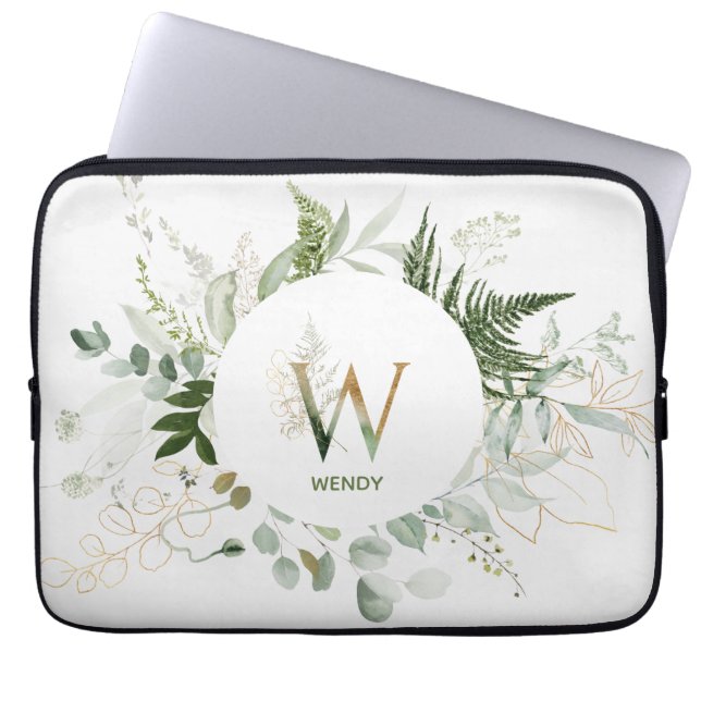 Monogram W Green Eleganth Wreath Laptop Sleeve (Vorderseite)