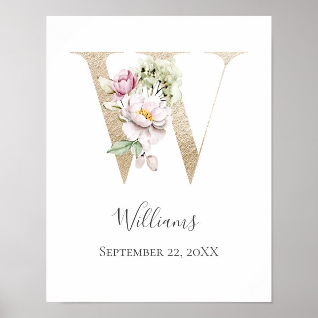Monogram W Pink White Floral Gold Letter Kinderzim Poster (Vorne)