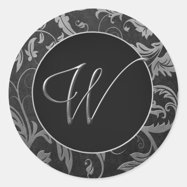 Monogram W Silver and Black Damask Wedding Siegel Runder Aufkleber (Vorderseite)