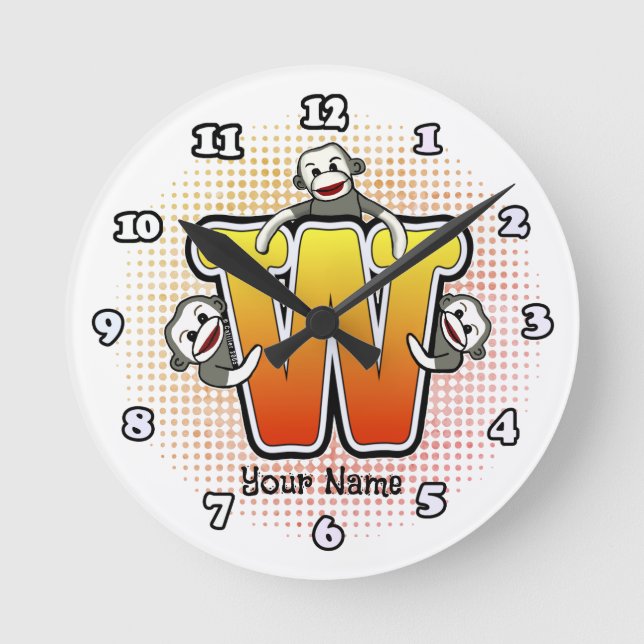 Monogram W Sock Monkey-Uhr Runde Wanduhr (Vorderseite)