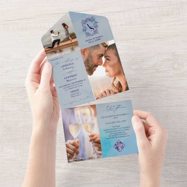 Monogram Wappen 3 Foto QR Code Preppy Blue Wedding All In One Einladung (Abreißen)