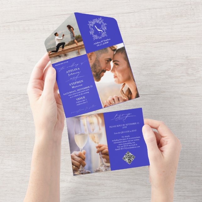 Monogram Wappen 3 Foto QR Code Royal Blue Wedding All In One Einladung (Abreißen)