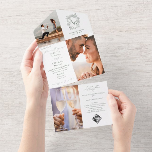 Monogram Wappen 3 Foto QR Code Sage Green Wedding All In One Einladung (Abreißen)