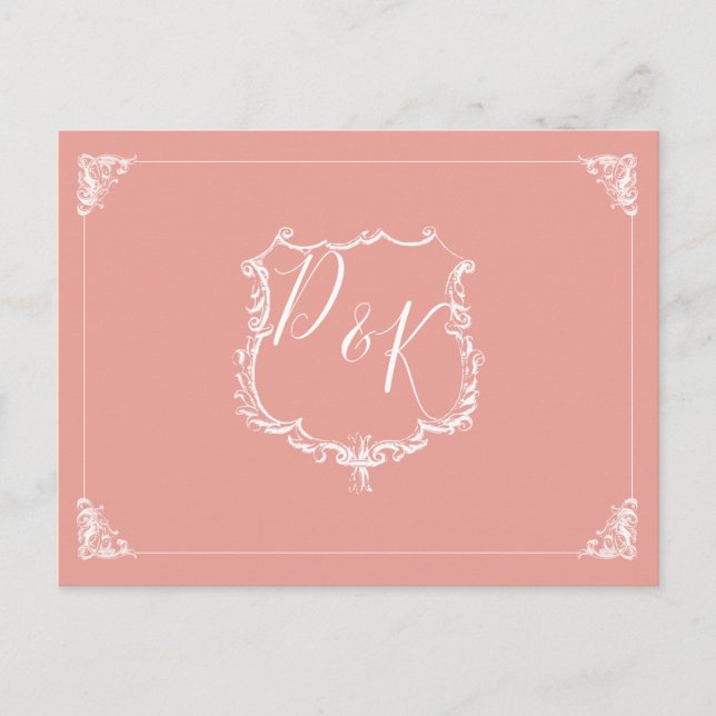 Monogram Wappen Blush Wedding rsvp Postcard Einladungspostkarte (Vorderseite)