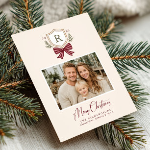Monogram Wappen Bow Foto Weihnachtskarte Feiertagskarte