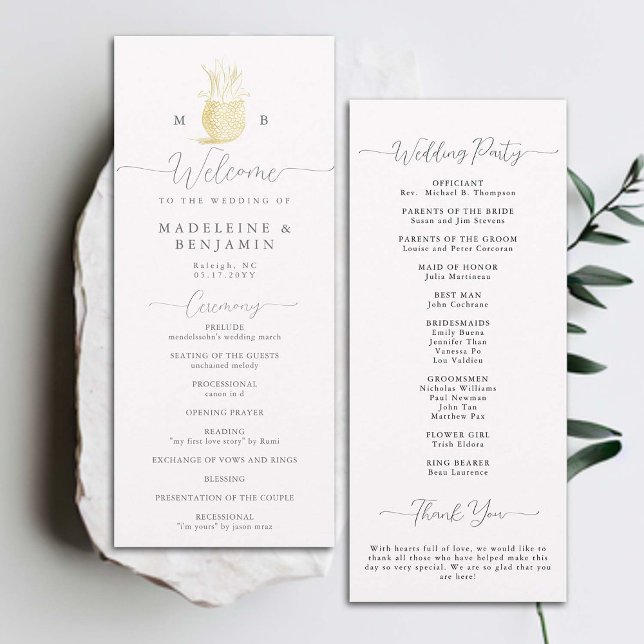 Monogram Wappen Chic Hochzeitsprogramm für Ananas (gold pineapple monogram crest wedding ceremony program elegant modern classic black white formal)