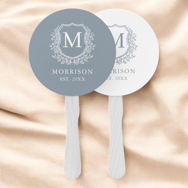 Monogram Wappen Dusty Blue Botanical Wedding Fächer (Von Creator hochgeladen)