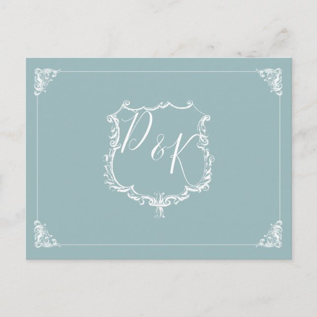Monogram Wappen Dusty blue Wedding rsvp Postcard Einladungspostkarte (Vorderseite)