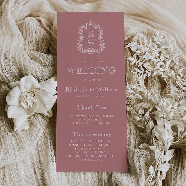 Monogram Wappen Dusty Rose Wedding Programm (Von Creator hochgeladen)